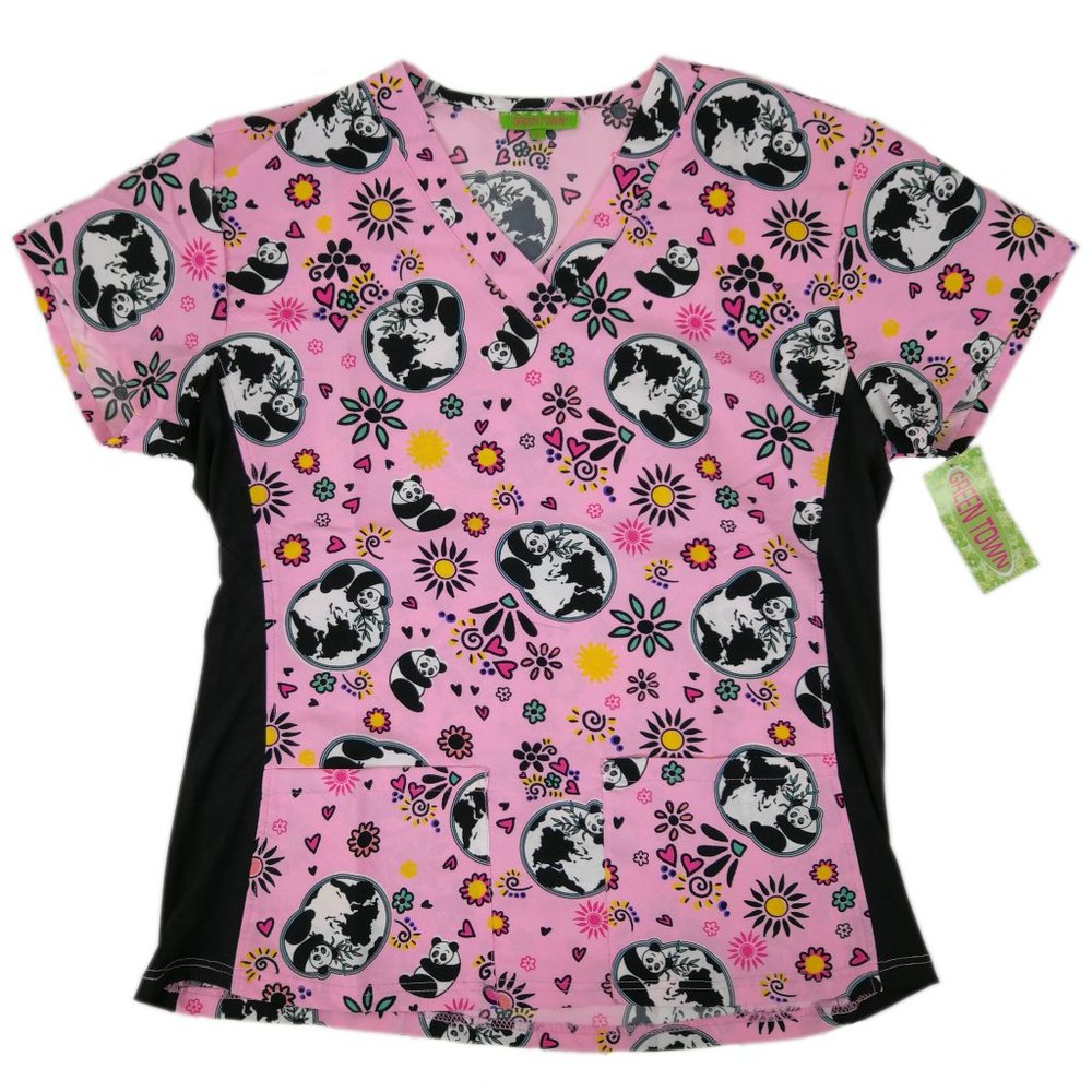Green Town Scrub Top Pandas Women's
